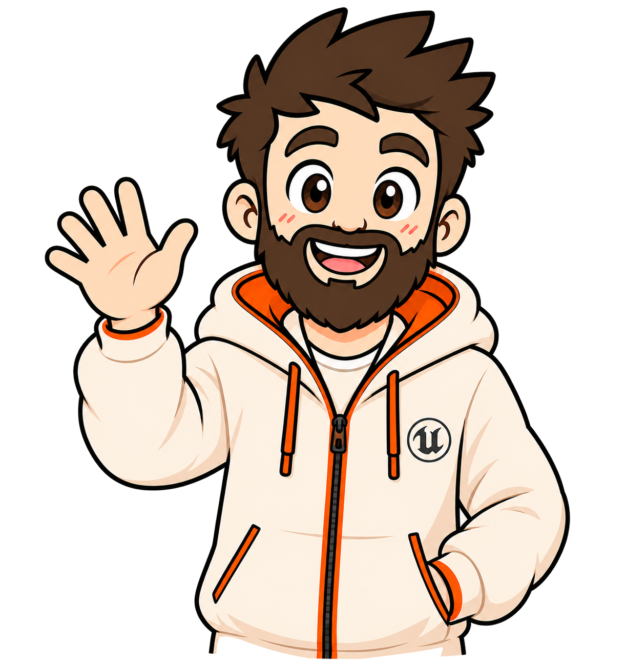 Bo6lyGamDev mascot waving in a cream hoodie with an Unreal Engine emblem